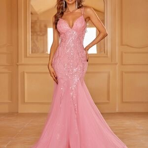 NWOT  - Lace Up Sequin & Beaded Corset Pink Mermaid PROM dress Women’s Size - XS